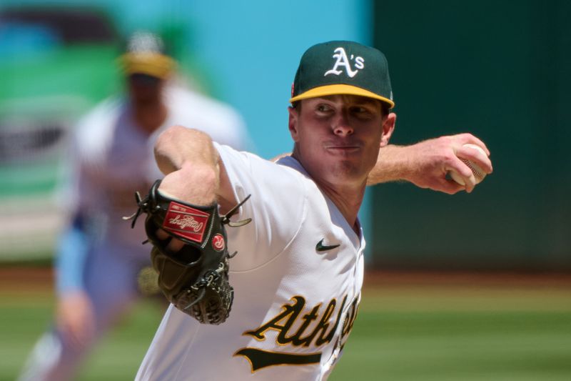 Aug 18, 2024; Oakland, California, USA; Oakland Athletics starting pitcher JP Sears (38) throws a pitch against the San Francisco Giants during the first inning at Oakland-Alameda County Coliseum. Mandatory Credit: Robert Edwards-USA TODAY Sports