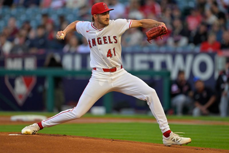 Apr 5, 2025; Anaheim, California, USA;  Los Angeles Angels starting pitcher Jack Kochanowicz (41) delivers to the plate in the first inning against the Cleveland Guardians at Angel Stadium. Mandatory Credit: Jayne Kamin-Oncea-Imagn Images
