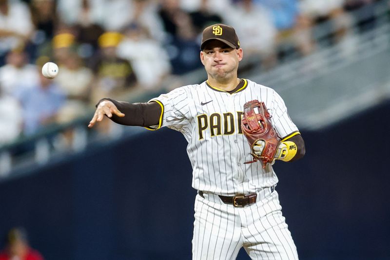 Sep 23, 2025; San Diego, California, USA; San Diego Padres third baseman Jose Iglesias (7) throws to first for an out during the seventh inning against the Milwaukee Brewers at Petco Park. Mandatory Credit: David Frerker-Imagn Images