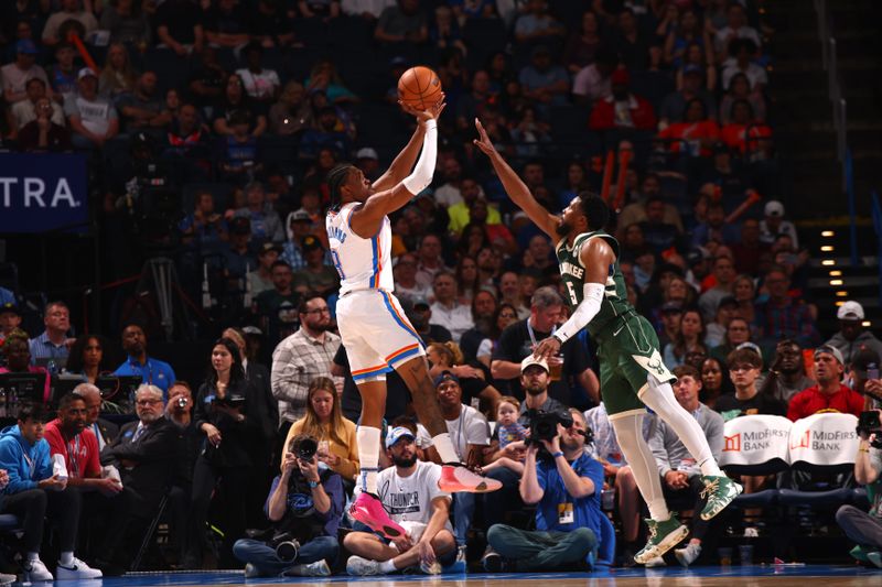 OKLAHOMA CITY, OK - APRIL 12: Jalen Williams #8 of the Oklahoma City Thunder shoots the ball during the game against the Milwaukee Bucks on April 12, 2024 at Paycom Arena in Oklahoma City, Oklahoma. NOTE TO USER: User expressly acknowledges and agrees that, by downloading and or using this photograph, User is consenting to the terms and conditions of the Getty Images License Agreement. Mandatory Copyright Notice: Copyright 2024 NBAE (Photo by Zach Beeker/NBAE via Getty Images)