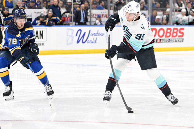 Apr 14, 2024; St. Louis, Missouri, USA; Seattle Kraken left wing Andre Burakovsky (95) takes a shot against the St. Louis Blues during the first period at Enterprise Center. Mandatory Credit: Jeff Le-USA TODAY Sports