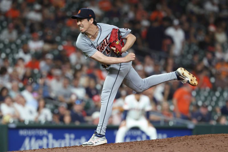 Apr 29, 2025; Houston, Texas, USA; Detroit Tigers relief pitcher Kenta Maeda (18) delivers a pitch during the eighth inning against the Houston Astros at Daikin Park. Mandatory Credit: Troy Taormina-Imagn Images