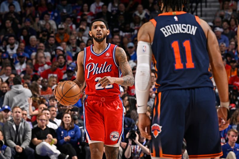 PHILADELPHIA, PA - APRIL 28: Cameron Payne #22 of the Philadelphia 76ers dribbles the ball during the game against the New York Knicks during Round 1 Game 4 of the 2024 NBA Playoffs on April 28, 2024 at the Wells Fargo Center in Philadelphia, Pennsylvania NOTE TO USER: User expressly acknowledges and agrees that, by downloading and/or using this Photograph, user is consenting to the terms and conditions of the Getty Images License Agreement. Mandatory Copyright Notice: Copyright 2024 NBAE (Photo by David Dow/NBAE via Getty Images)