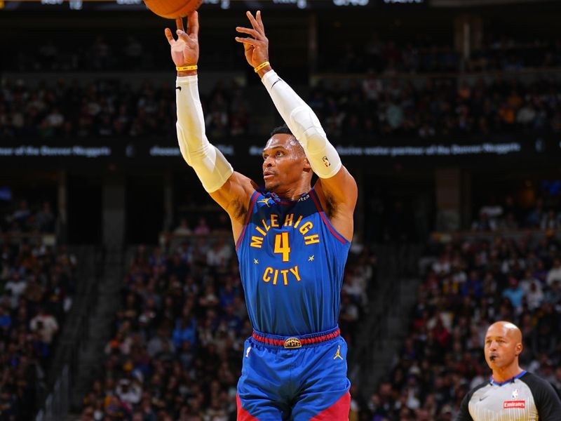 DENVER, CO - NOVEMBER 22: Russell Westbrook #4 of the Denver Nuggets shoots the ball during the game against the Dallas Mavericks during the Emirates NBA Cup game on November 22, 2024 at Ball Arena in Denver, Colorado. NOTE TO USER: User expressly acknowledges and agrees that, by downloading and/or using this Photograph, user is consenting to the terms and conditions of the Getty Images License Agreement. Mandatory Copyright Notice: Copyright 2024 NBAE (Photo by Garrett Ellwood/NBAE via Getty Images)