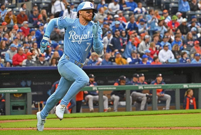 Apr 26, 2025; Kansas City, Missouri, USA;  Kansas City Royals shortstop Bobby Witt Jr. (7) runs the bases after hitting a double in the first inning against the Houston Astros at Kauffman Stadium. Mandatory Credit: Peter Aiken-Imagn Images