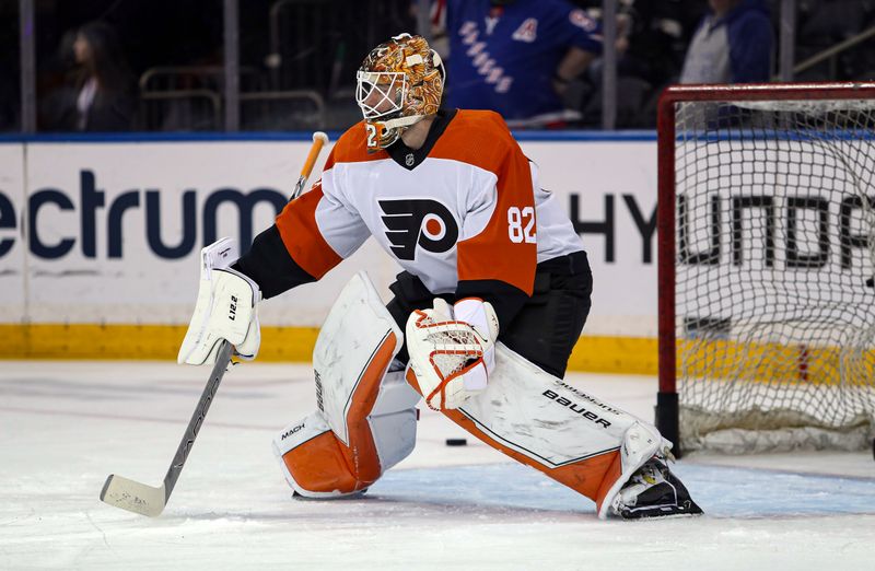 Apr 11, 2024; New York, New York, USA; Philadelphia Flyers goalie Ivan Fedotov (82) warms up before the first period against the New York Rangers at Madison Square Garden. Mandatory Credit: Danny Wild-USA TODAY Sports