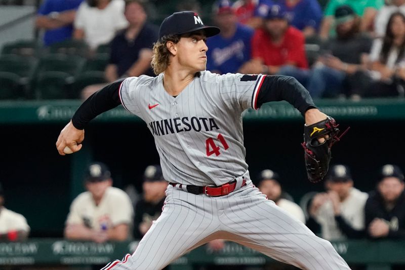 Sep 1, 2023; Arlington, Texas, USA; Minnesota Twins starting pitcher Joe Ryan (41) throws to the plate during the first inning against the Texas Rangers at Globe Life Field. Mandatory Credit: Raymond Carlin III-USA TODAY Sports