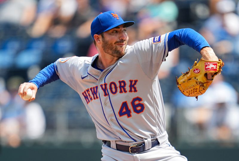 Aug 3, 2023; Kansas City, Missouri, USA; New York Mets relief pitcher John Curtiss (46) pitches during the seventh inning against the Kansas City Royals at Kauffman Stadium. Mandatory Credit: Jay Biggerstaff-USA TODAY Sports