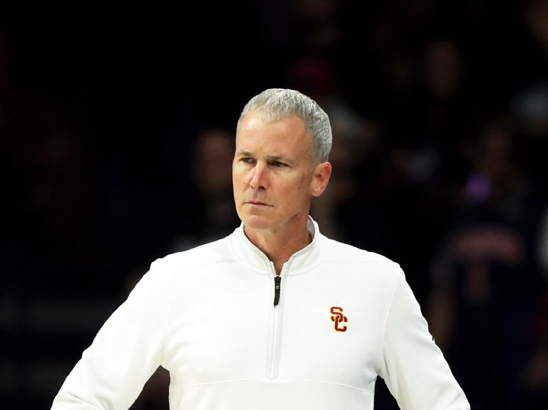 Jan 17, 2024; Tucson, Arizona, USA; USC Trojans head coach Andy Enfield on the sideline against the Arizona Wildcats during the first half at McKale Center. Mandatory Credit: Zachary BonDurant-USA TODAY Sports