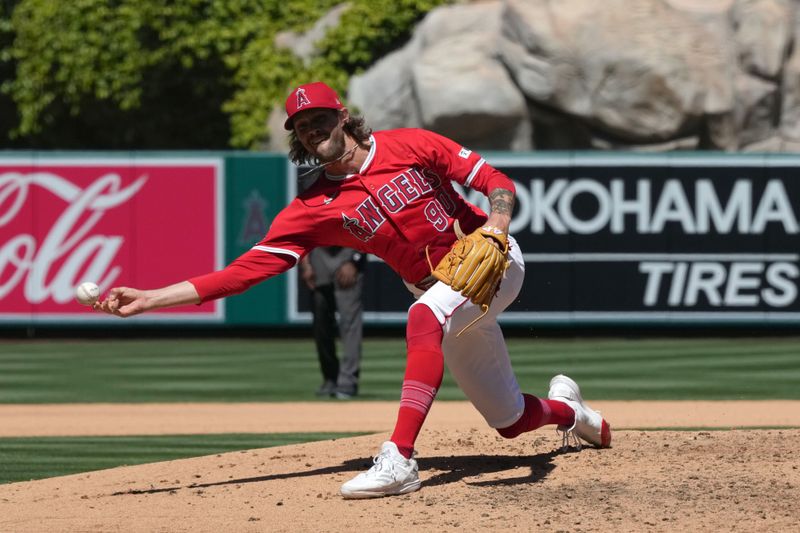 Apr 10, 2024; Anaheim, California, USA; Los Angeles Angels pitcher Adam Cimber (90) throws in the fifth inning against the Tampa Bay Rays at Angel Stadium. Mandatory Credit: Kirby Lee-USA TODAY Sports