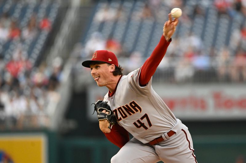 Jun 6, 2023; Washington, District of Columbia, USA; Arizona Diamondbacks starting pitcher Tommy Henry (47) throws to the Washington Nationals during the first inning at Nationals Park. Mandatory Credit: Brad Mills-USA TODAY Sports