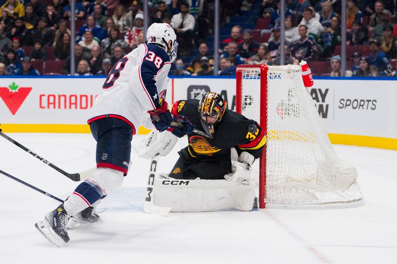 Jan 27, 2024; Vancouver, British Columbia, CAN; Vancouver Canucks goalie Thatcher Demko (35) makes a save on Columbus Blue Jackets forward Boone Jenner (38) in the third period at Rogers Arena. Canucks won 5-4 in overtime. Mandatory Credit: Bob Frid-USA TODAY Sports