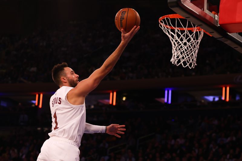 NEW YORK, NEW YORK - NOVEMBER 01: Max Strus #1 of the Cleveland Cavaliers drives to the net against \h at Madison Square Garden on November 01, 2023 in New York City. NOTE TO USER: User expressly acknowledges and agrees that, by downloading and or using this photograph, User is consenting to the terms and conditions of the Getty Images License Agreement. Mandatory Copyright Notice: Copyright 2023 NBAE (Photo by Mike Stobe/Getty Images)