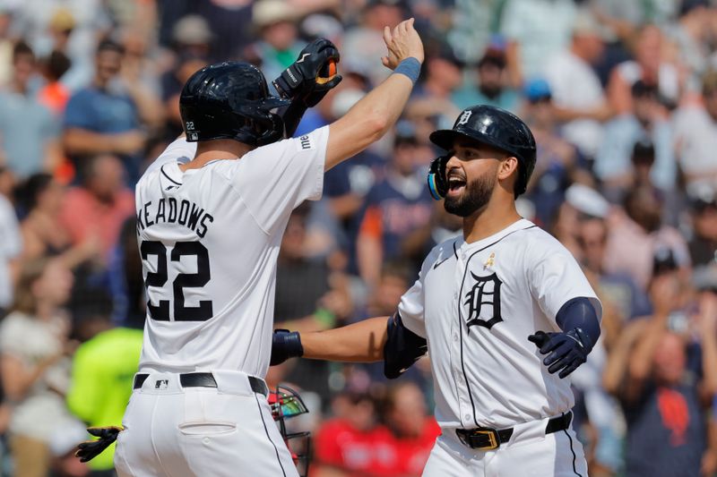 Sep 1, 2024; Detroit, Michigan, USA;  Detroit Tigers outfielder Riley Greene (31) celebrates with outfielder Parker Meadows (22) after he hits a two run home run in the sixth inning against the Boston Red Sox at Comerica Park. Mandatory Credit: Rick Osentoski-USA TODAY Sports