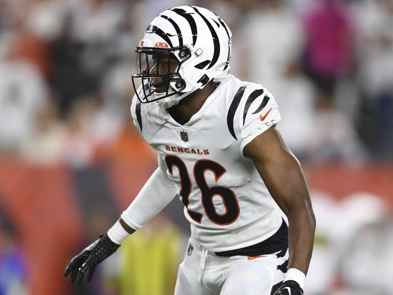 Cincinnati Bengals safety Tycen Anderson (26) runs for the play during an NFL football game against the Los Angeles Rams on Monday, Sept. 25, 2023, in Cincinnati. (AP Photo/Emilee Chinn)