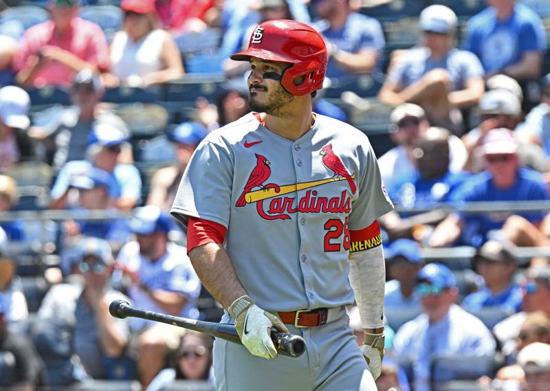 May 18, 2025; Kansas City, Missouri, USA;  St. Louis Cardinals third baseman Nolan Arenado (28) walks back to the dugout after striking out in the first inning against the Kansas City Royals at Kauffman Stadium. Mandatory Credit: Peter Aiken-Imagn Images