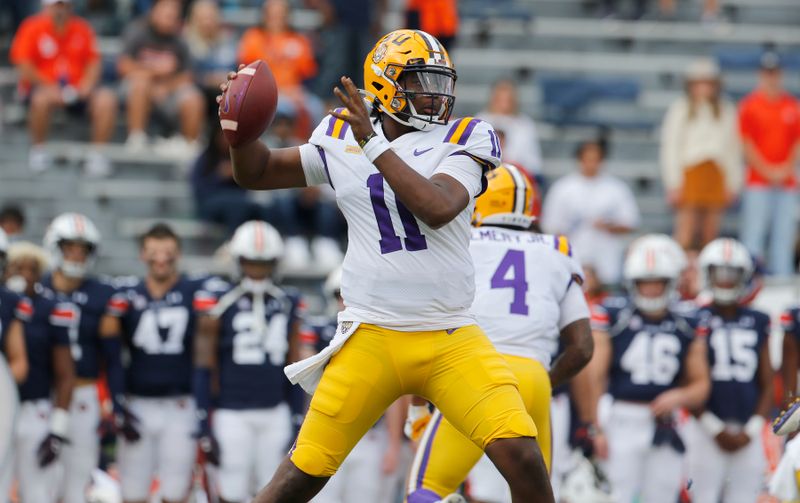 Oct 31, 2020; Auburn, Alabama, USA;  LSU Tigers quarterback TJ Finley (11) drops back to pass against the Auburn Tigers during the first quarter at Jordan-Hare Stadium. Mandatory Credit: John Reed-USA TODAY Sports