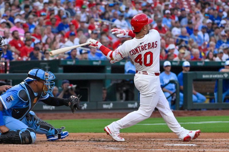Jun 3, 2025; St. Louis, Missouri, USA;  St. Louis Cardinals first baseman Willson Contreras (40) hits a one run double against the Kansas City Royals during the third inning at Busch Stadium. Mandatory Credit: Jeff Curry-Imagn Images