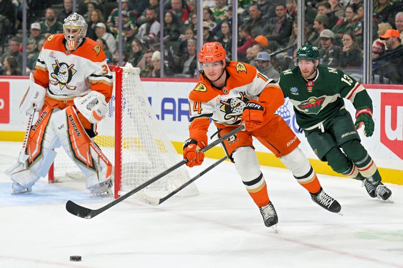 Nov 15, 2025; Saint Paul, Minnesota, USA;  Anaheim Ducks defensemen Drew Helleson (14) makes a pass as Minnesota Wild forward Yakov Trenin (13) gives chase during the second period at Grand Casino Arena. Mandatory Credit: Nick Wosika-Imagn Images