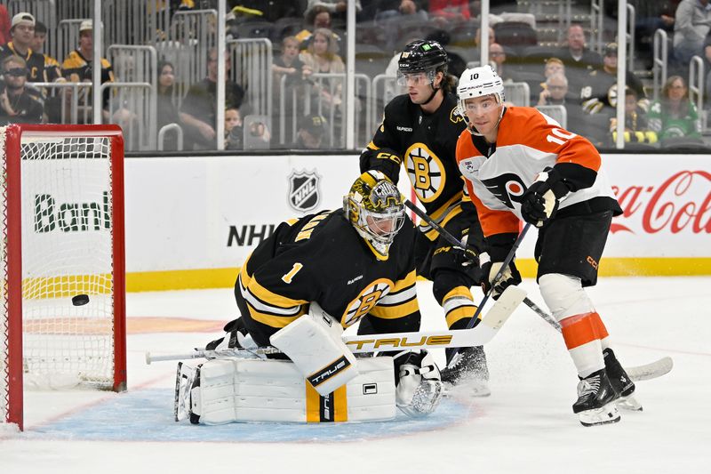 Sep 29, 2025; Boston, Massachusetts, USA;  Boston Bruins goaltender Jeremy Swayman (1) lets a shot by Philadelphia Flyers left wing Noah Cates (27) (not pictured) get in the net during the second period at TD Garden. Mandatory Credit: Eric Canha-Imagn Images