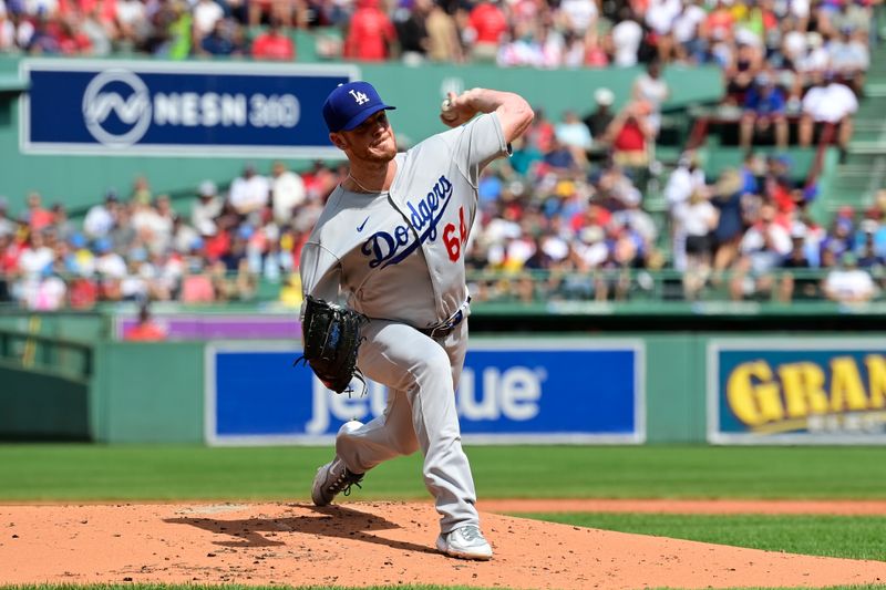 Aug 27, 2023; Boston, Massachusetts, USA; Los Angeles Dodgers starting pitcher Caleb Ferguson (64) pitches against the Boston Red Sox during the first inning at Fenway Park. Mandatory Credit: Eric Canha-USA TODAY Sports