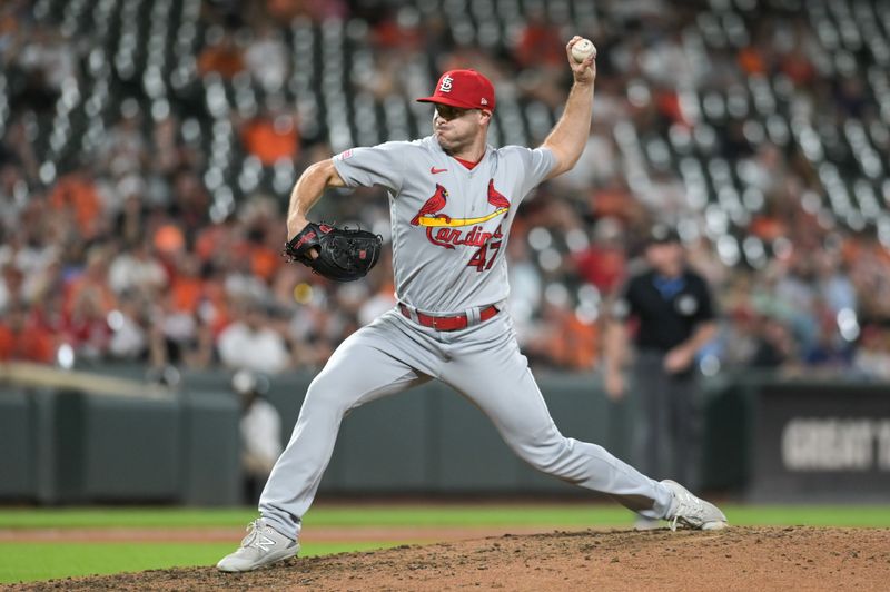 Sep 13, 2023; Baltimore, Maryland, USA; St. Louis Cardinals relief pitcher John King (47) throws a pitch during the eighth inning against the Baltimore Orioles  at Oriole Park at Camden Yards. Mandatory Credit: Tommy Gilligan-USA TODAY Sports