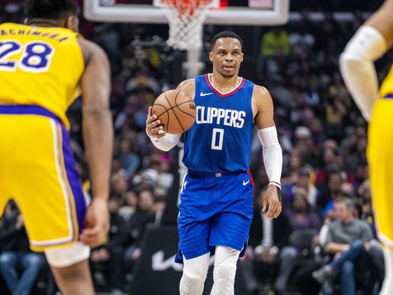 LOS ANGELES, CA - JANUARY 23:  Russell Westbrook #0 of the LA Clippers handles the ball during the game  on January 23, 2024 at Crypto.Com Arena in Los Angeles, California. NOTE TO USER: User expressly acknowledges and agrees that, by downloading and/or using this Photograph, user is consenting to the terms and conditions of the Getty Images License Agreement. Mandatory Copyright Notice: Copyright 2024 NBAE (Photo by Tyler Ross/NBAE via Getty Images)