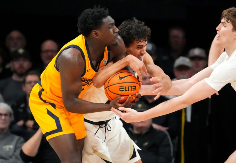 Feb 2, 2023; Boulder, Colorado, USA; Colorado Buffaloes forward Tristan da Silva (23) and center Lawson Lovering (34) and California Golden Bears forward Sam Alajiki (24) reach for a loose ball in the second half at the CU Events Center. Mandatory Credit: Ron Chenoy-USA TODAY Sports