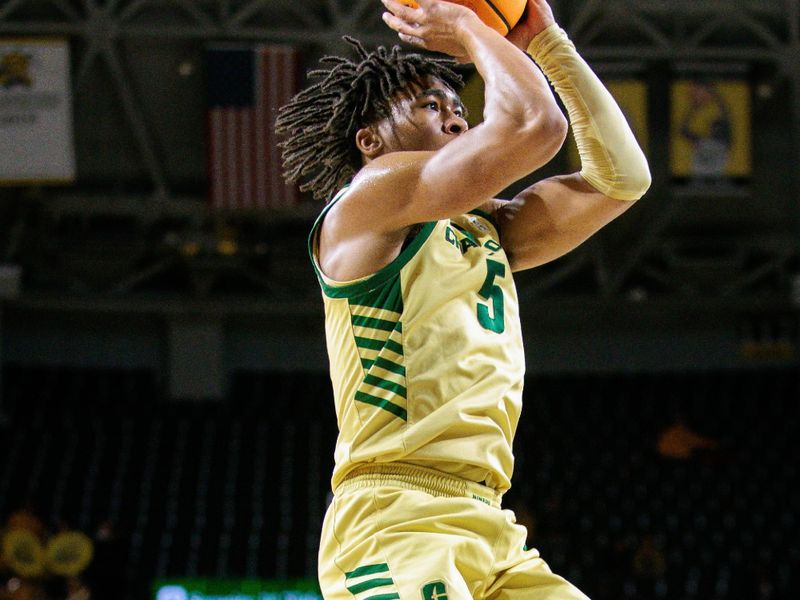 Jan 14, 2025; Wichita, Kansas, USA; Charlotte 49ers guard Isaiah Folkes (5) shoots the ball during the first half against the Wichita State Shockers at Charles Koch Arena. Mandatory Credit: William Purnell-Imagn Images