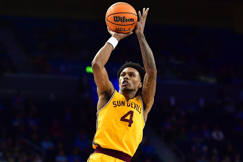 Mar 2, 2023; Los Angeles, California, USA; Arizona State Sun Devils guard Desmond Cambridge Jr. (4) shoots against the UCLA Bruins during the first half at Pauley Pavilion. Mandatory Credit: Gary A. Vasquez-USA TODAY Sports