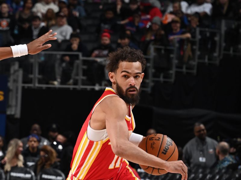 DETROIT, MI - FEBRUARY 3:  Trae Young #11 of the Atlanta Hawks dribbles the ball during the game against the Detroit Pistons on February 3, 2025 at Little Caesars Arena in Detroit, Michigan. NOTE TO USER: User expressly acknowledges and agrees that, by downloading and/or using this photograph, User is consenting to the terms and conditions of the Getty Images License Agreement. Mandatory Copyright Notice: Copyright 2025 NBAE (Photo by Chris Schwegler/NBAE via Getty Images)