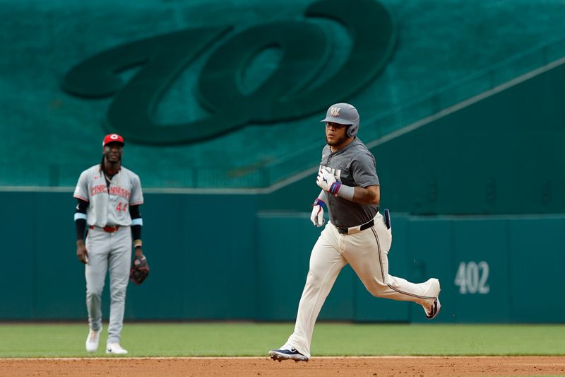 Jul 20, 2024; Washington, District of Columbia, USA; Washington Nationals outfielder Harold Ramírez (43) rounds the bases after hitting a two run home run against the Cincinnati Reds during the first inning at Nationals Park. Mandatory Credit: Geoff Burke-USA TODAY Sports