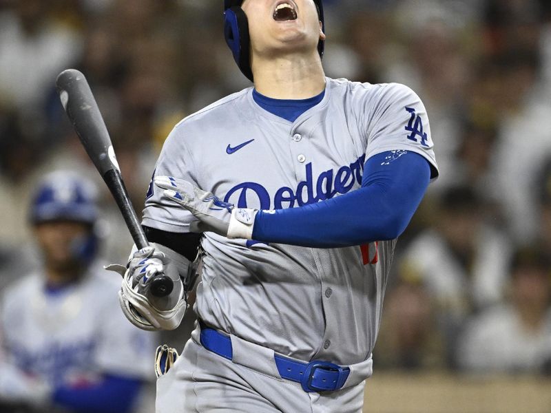 Oct 9, 2024; San Diego, California, USA; Los Angeles Dodgers designated hitter Shohei Ohtani (17) reacts after being hit with a foul ball  in the eighth inning against the San Diego Padres during game four of the NLDS for the 2024 MLB Playoffs at Petco Park.  Mandatory Credit: Denis Poroy-Imagn Images