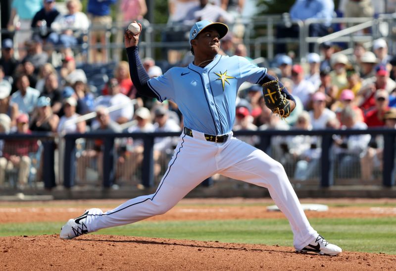 Feb 25, 2025; Port Charlotte, Florida, USA;  Tampa Bay Rays pitcher Alfredo Zarraga (88) throws against the Philadelphia Phillies during the fourth inning at Charlotte Sports Park. Mandatory Credit: Kim Klement Neitzel-Imagn Images