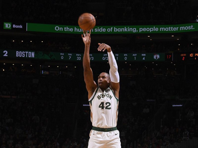 BOSTON, MA - APRIL 7: Al Horford #42 of the Boston Celtics shoots a 3-point basket during the game  on April 7, 2024 at the TD Garden in Boston, Massachusetts. NOTE TO USER: User expressly acknowledges and agrees that, by downloading and or using this photograph, User is consenting to the terms and conditions of the Getty Images License Agreement. Mandatory Copyright Notice: Copyright 2024 NBAE  (Photo by Brian Babineau/NBAE via Getty Images)