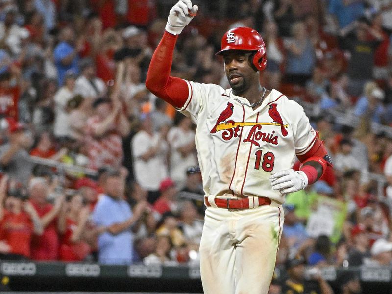 Sep 2, 2023; St. Louis, Missouri, USA;  St. Louis Cardinals right fielder Jordan Walker (18) reacts after hitting a two run home run against the Pittsburgh Pirates during the seventh inning at Busch Stadium. Mandatory Credit: Jeff Curry-USA TODAY Sports