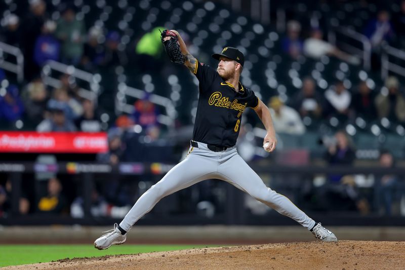 May 14, 2025; New York City, New York, USA; Pittsburgh Pirates starting pitcher Bailey Falter (6) pitches against the New York Mets during the third inning at Citi Field. Mandatory Credit: Brad Penner-Imagn Images