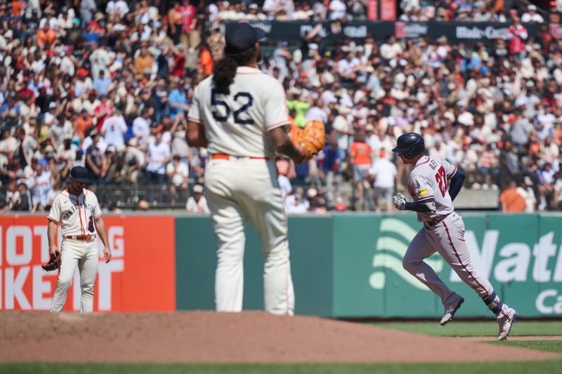 Aug 26, 2023; San Francisco, California, USA; Atlanta Braves infielder Austin Riley (27) runs the bases after hitting a home run against San Francisco Giants pitcher Sean Manaea (52) during the fifth inning at Oracle Park. Mandatory Credit: Robert Edwards-USA TODAY Sports