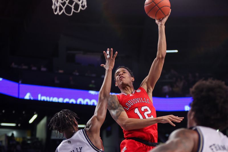 Feb 25, 2023; Atlanta, Georgia, USA; Louisville Cardinals forward JJ Traynor (12) shoots over Georgia Tech Yellow Jackets guard Miles Kelly (13) in the first half at McCamish Pavilion. Mandatory Credit: Brett Davis-USA TODAY Sports