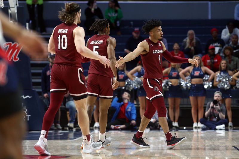 Feb 11, 2023; Oxford, Mississippi, USA; South Carolina Gamecocks guard Jacobi Wright (1) reacts with forward Hayden Brown (10) during a timeout during the first half against the Mississippi Rebels at The Sandy and John Black Pavilion at Ole Miss. Mandatory Credit: Petre Thomas-USA TODAY Sports