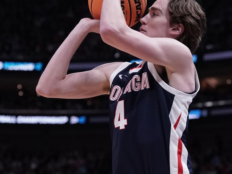 Mar 23, 2024; Salt Lake City, UT, USA; Gonzaga Bulldogs guard Dusty Stromer (4) shoots during the second half in the second round of the 2024 NCAA Tournament against the Gonzaga Bulldogs at Vivint Smart Home Arena-Delta Center.  Mandatory Credit: Gabriel Mayberry-USA TODAY Sports