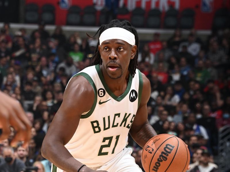 LOS ANGELES, CA - FEBRUARY 10: Jrue Holiday #21 of the Milwaukee Bucks dribbles the ball during the game against the LA Clippers on February 10, 2023 at Crypto.Com Arena in Los Angeles, California. NOTE TO USER: User expressly acknowledges and agrees that, by downloading and/or using this Photograph, user is consenting to the terms and conditions of the Getty Images License Agreement. Mandatory Copyright Notice: Copyright 2023 NBAE (Photo by Andrew D. Bernstein/NBAE via Getty Images)