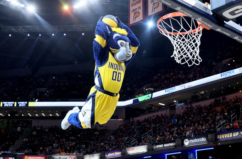 INDIANAPOLIS, INDIANA - MARCH 31:  The Indiana Pacers mascot performs against the Oklahoma City Thunder at Gainbridge Fieldhouse on March 31, 2023 in Indianapolis, Indiana.    NOTE TO USER: User expressly acknowledges and agrees that, by downloading and/or using this photograph, User is consenting to the terms and conditions of the Getty Images License Agreement. (Photo by Andy Lyons/Getty Images)