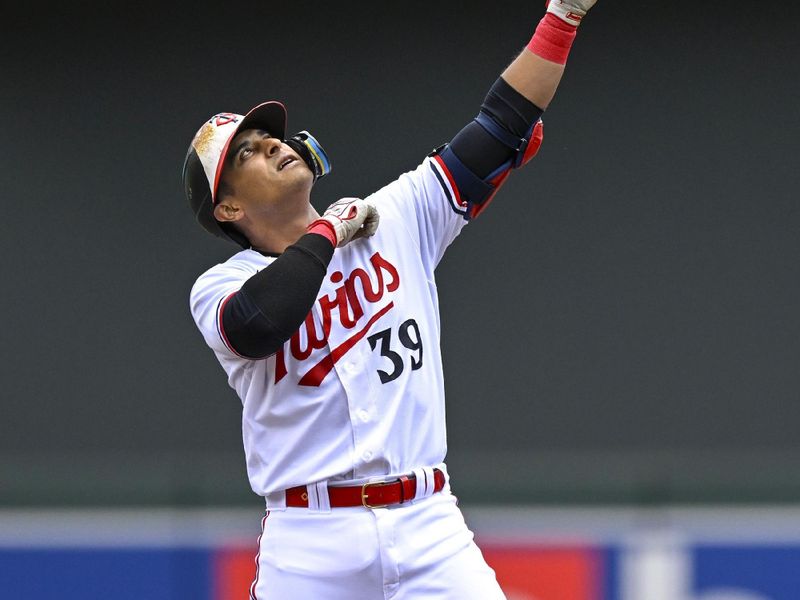 Jul 8, 2023; Minneapolis, Minnesota, USA;  Minnesota Twins infielder Donovan Solano (39) celebrates his double against the Baltimore Orioles during the first inning at Target Field. Mandatory Credit: Nick Wosika-USA TODAY Sports