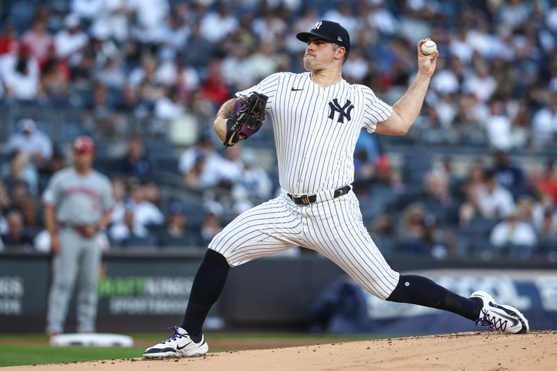 Jul 3, 2024; Bronx, New York, USA; New York Yankees starting pitcher Carlos Rodón (55) pitches in the first inning against the Cincinnati Reds at Yankee Stadium. Mandatory Credit: Wendell Cruz-USA TODAY Sports