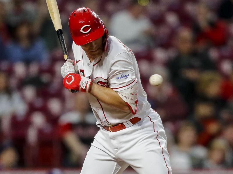 Apr 18, 2023; Cincinnati, Ohio, USA; Cincinnati Reds designated hitter Tyler Stephenson (37) gets hit by a pitch against the Tampa Bay Rays in the sixth inning at Great American Ball Park. Mandatory Credit: Katie Stratman-USA TODAY Sports