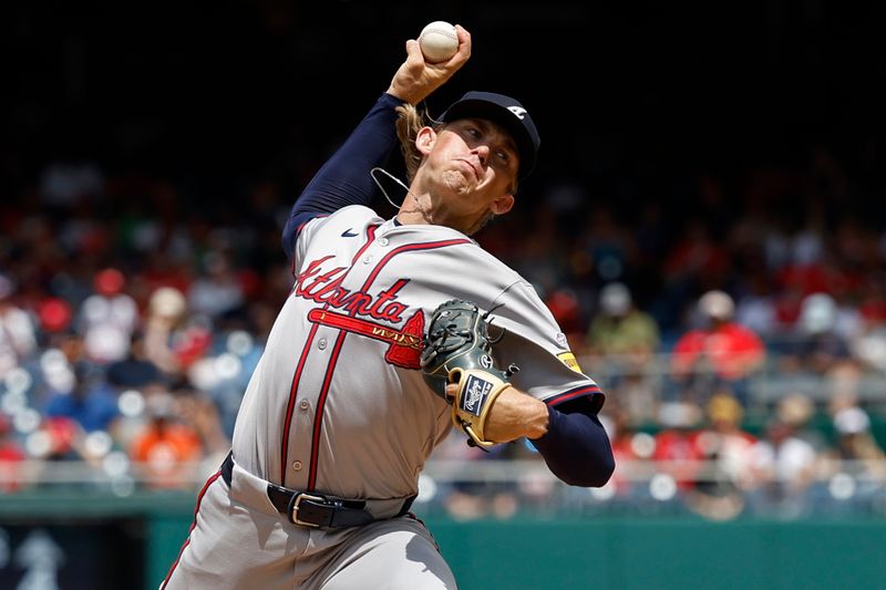 Jun 9, 2024; Washington, District of Columbia, USA; Atlanta Braves starting pitcher Hurston Waldrep (30) pitches during his MLB debut against the Washington Nationals during the first inning at Nationals Park. Mandatory Credit: Geoff Burke-USA TODAY Sports