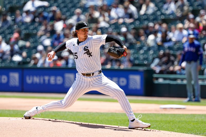 May 25, 2025; Chicago, Illinois, USA; Chicago White Sox starting pitcher Davis Martin (65) delivers a pitch against the Texas Rangers during the first inning at Rate Field. Mandatory Credit: Kamil Krzaczynski-Imagn Images