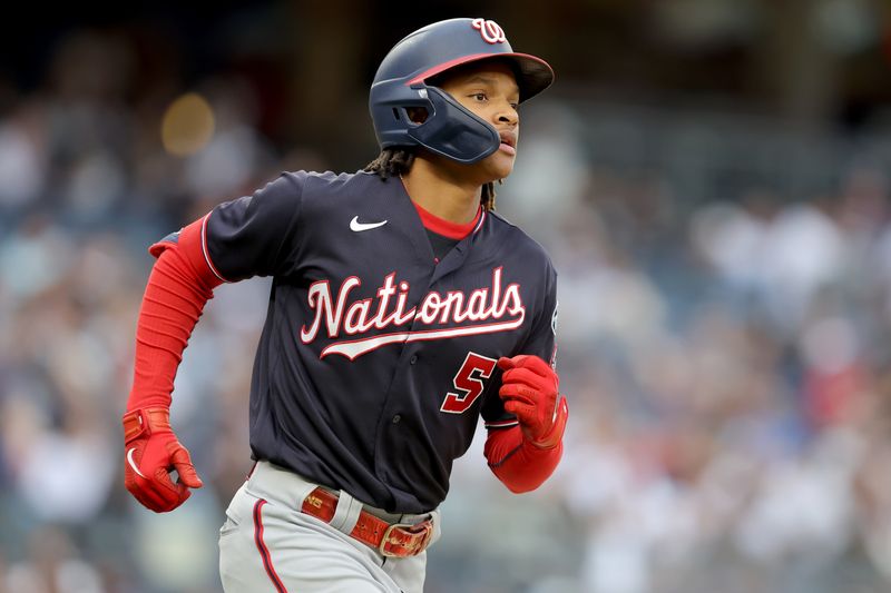 Aug 24, 2023; Bronx, New York, USA; Washington Nationals shortstop CJ Abrams (5) rounds the bases after hitting a solo home run against the New York Yankees during the seventh inning at Yankee Stadium. Mandatory Credit: Brad Penner-USA TODAY Sports