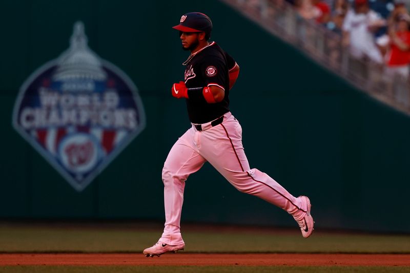 May 24, 2024; Washington, District of Columbia, USA; Washington Nationals catcher Keibert Ruiz (20) rounds the bases after hitting a two run home run against the Seattle Mariners during the sixth inning at Nationals Park. Mandatory Credit: Geoff Burke-USA TODAY Sports